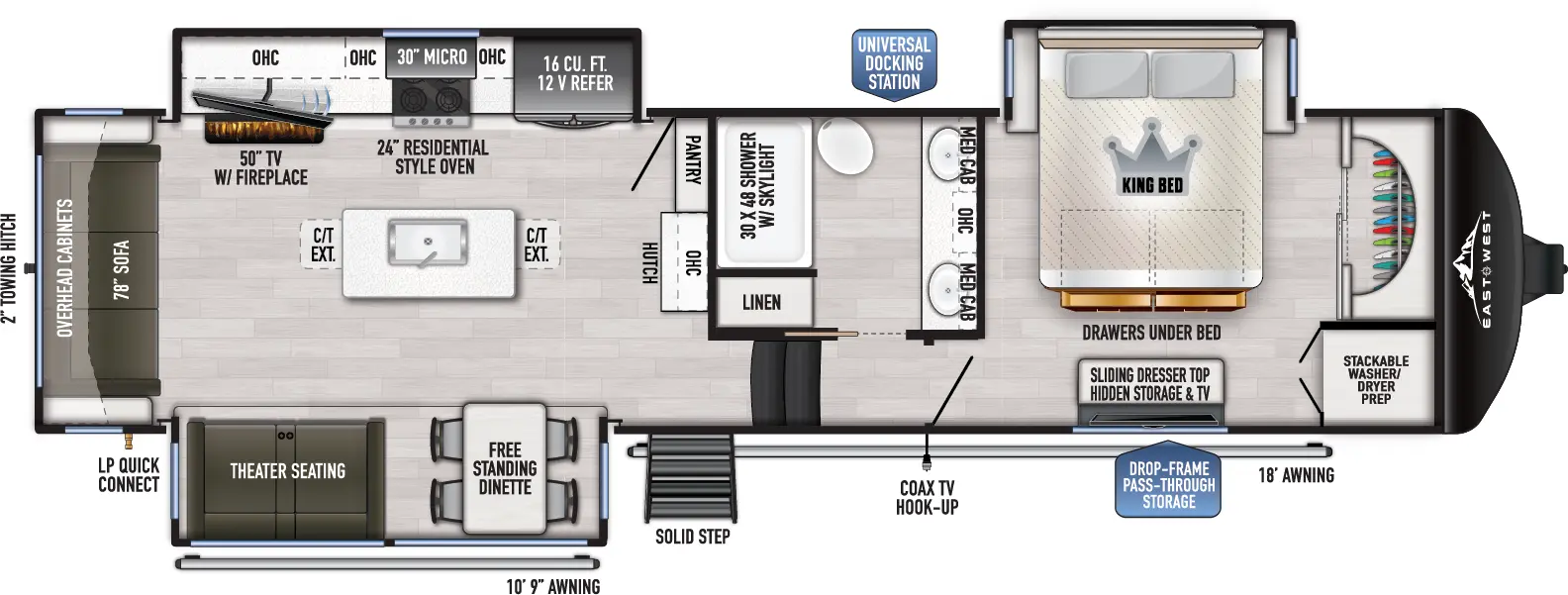 The Ahara 365RL floorplan has one entry and three slide outs. Exterior features include: fiberglass exterior and 10'9" & 18' awning. Interiors features include: kitchen island, free-standing dinette option, front bedroom and rear living.